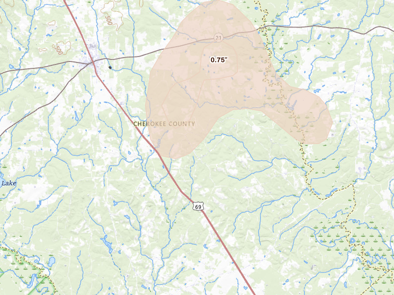 Radar-estimated hail-size map of the storm over Alto, TX on Jul 5, 2026