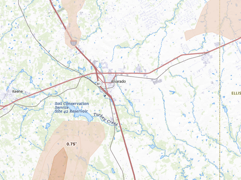 Radar-estimated hail-size map of the storm over Alvarado, TX on Mar 4, 2026