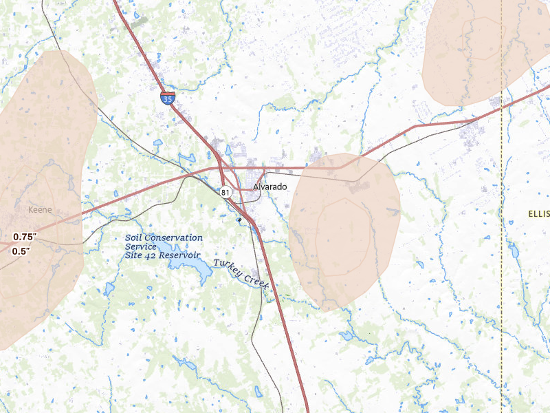 Radar-estimated hail-size map of the storm over Alvarado, TX on May 19, 2026