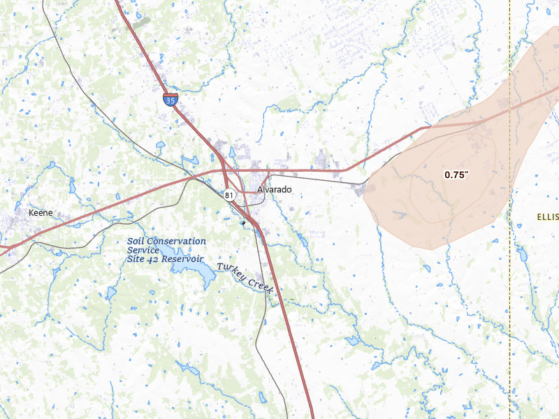 Radar-estimated hail-size map of the storm over Alvarado, TX on Jun 2, 2026