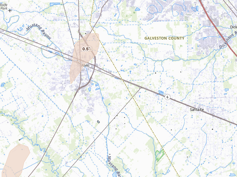 Radar-estimated hail-size map of the storm over Alvin, TX on May 23, 2026