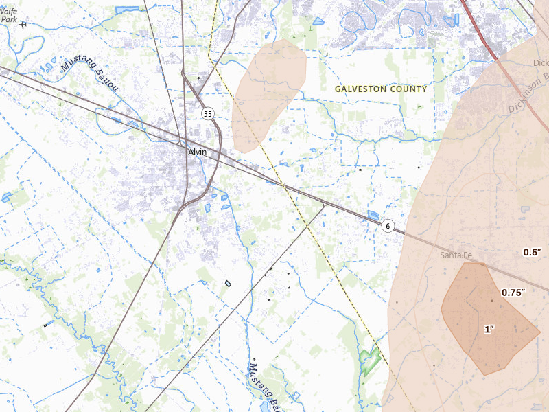 Radar-estimated hail-size map of the storm over Alvin, TX on Jul 22, 2026