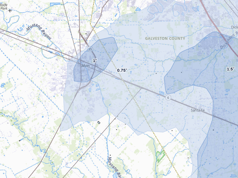 NEXRAD radar-signature map of the hail storm over Alvin, TX on Jul 22, 2026