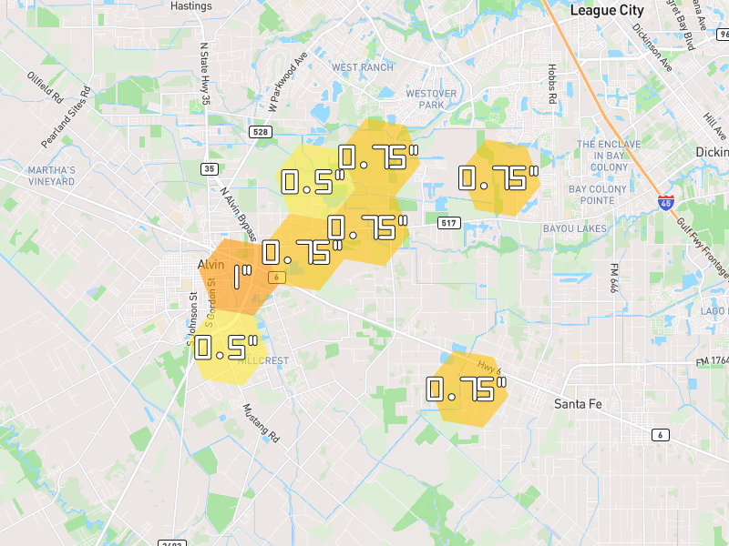 Hail map of Alvin, TX on Jul 23, 2026, hail up to 1"