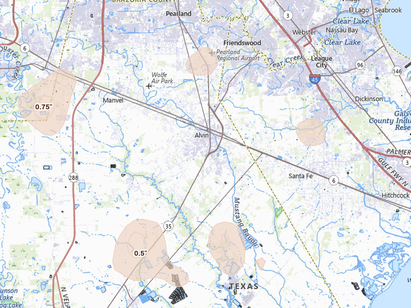 Radar-estimated hail-size map of the storm over Alvin, TX on Aug 28, 2026