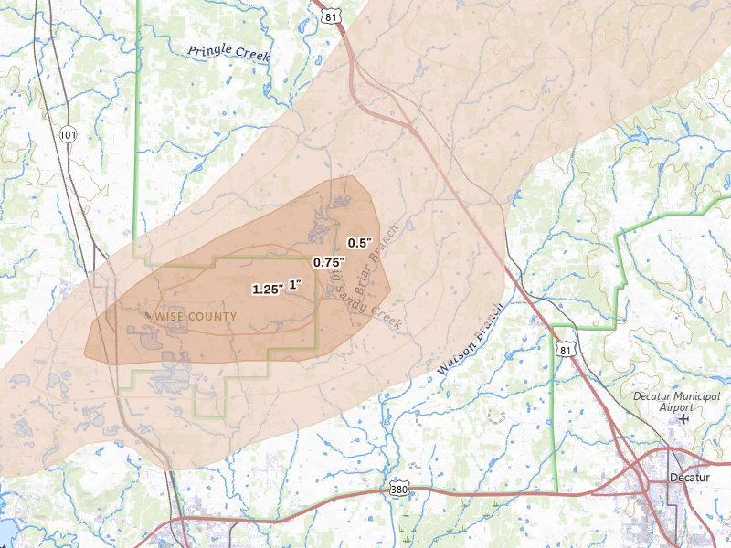 Radar-estimated hail-size map of the storm over Alvord, TX on Mar 4, 2026