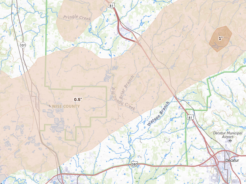 Radar-estimated hail-size map of the storm over Alvord, TX