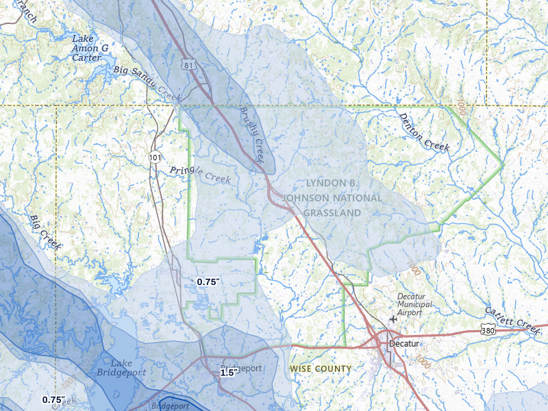 NEXRAD radar-signature map of the hail over Alvord, TX