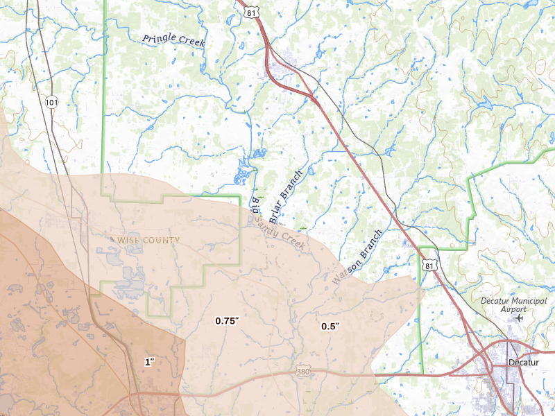 Radar-estimated hail-size map of the storm over Alvord, TX on Apr 28, 2026