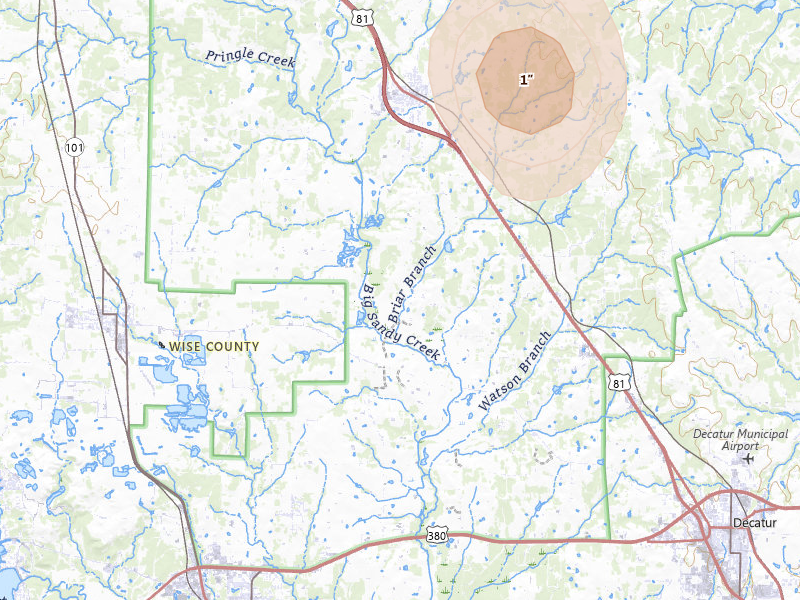 Radar-estimated hail-size map of the storm over Alvord, TX on May 24, 2026