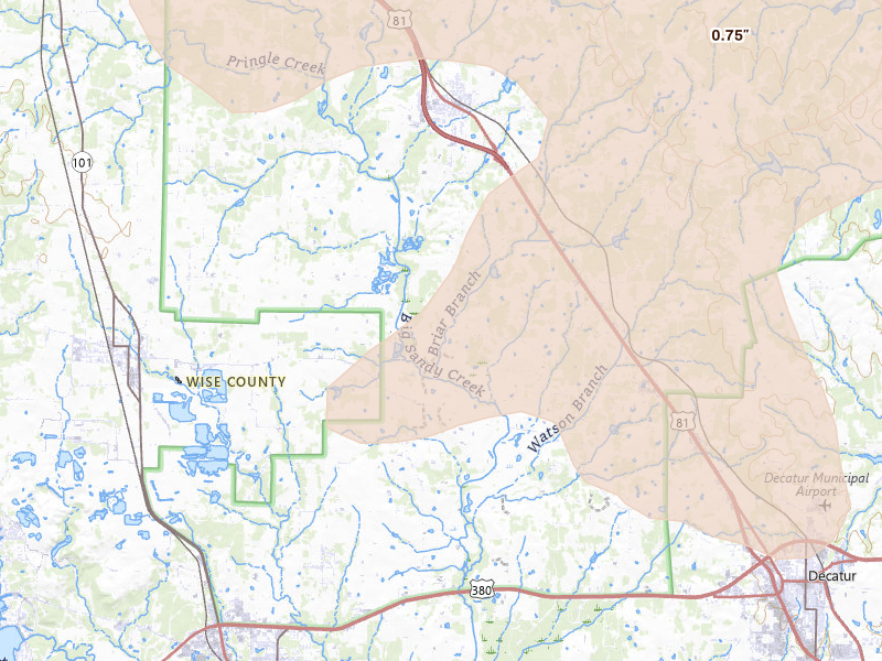 Radar-estimated hail-size map of the storm over Alvord, TX on Jun 18, 2026