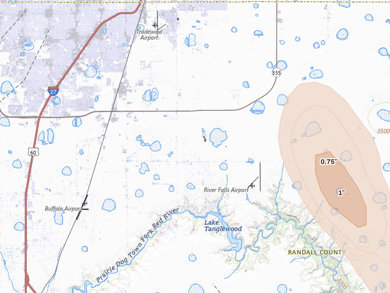 Radar-estimated hail-size map of the storm over Amarillo, TX on Jun 5, 2026