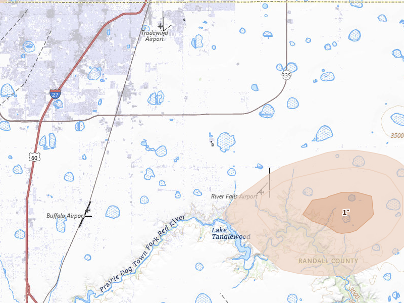 Radar-estimated hail-size map of the storm over Amarillo, TX on Jun 24, 2026