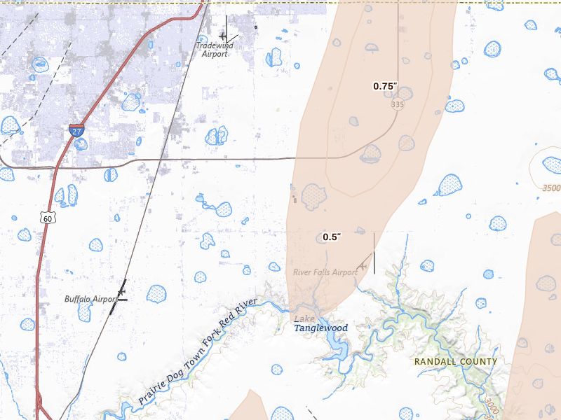 Radar-estimated hail-size map of the storm over Amarillo, TX on Jul 1, 2026