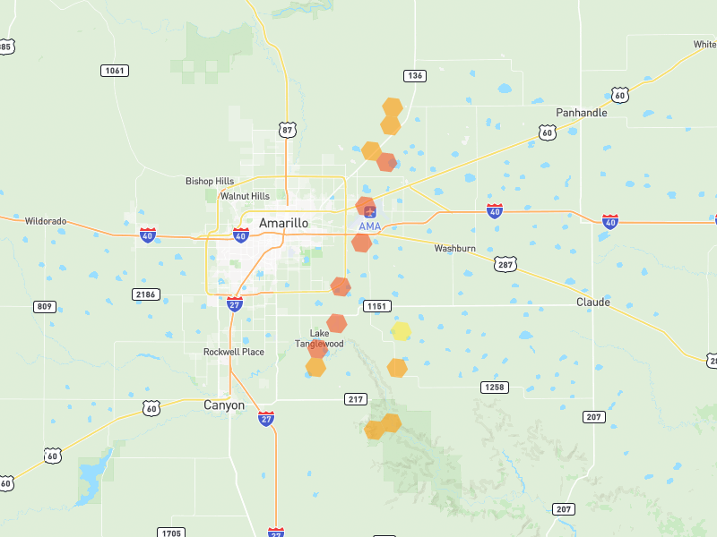 Hail map of Amarillo, TX on Jul 2, 2026, hail up to 1.5"