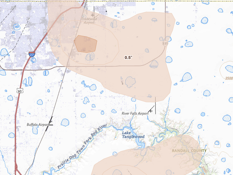 Radar-estimated hail-size map of the storm over Amarillo, TX on Jul 12, 2026