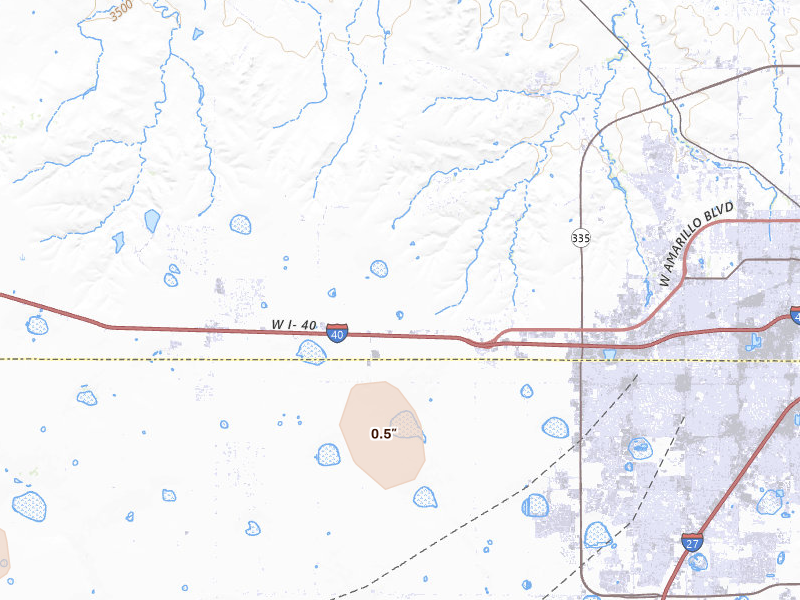 Radar-estimated hail-size map of the storm over Amarillo, TX on Aug 20, 2026