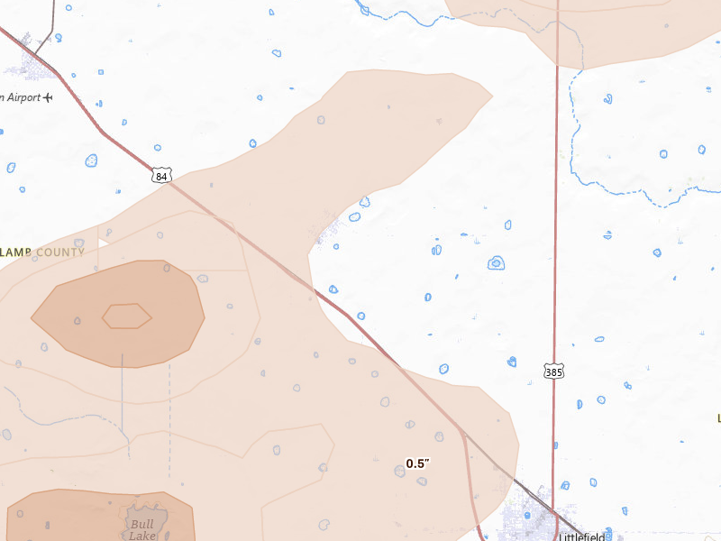 Radar-estimated hail-size map of the storm over Amherst, TX on Apr 3, 2026