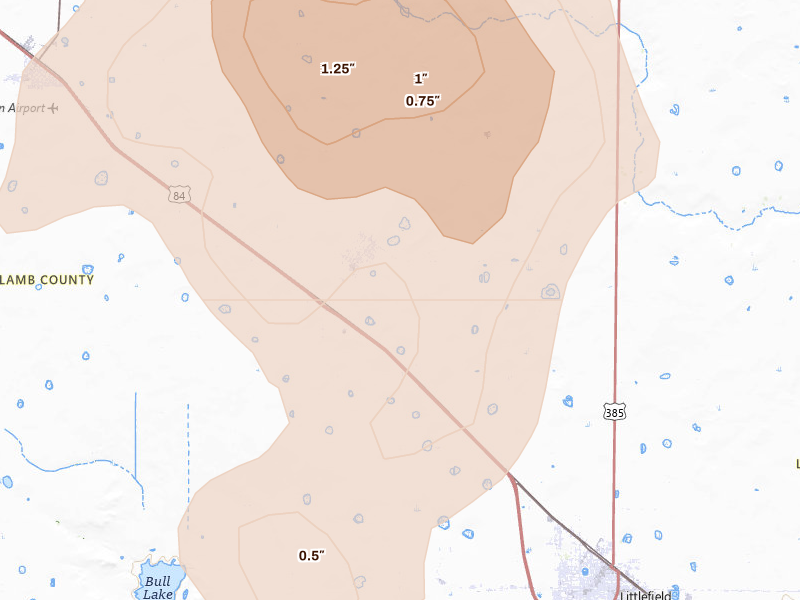 Radar-estimated hail-size map of the storm over Amherst, TX on May 23, 2026