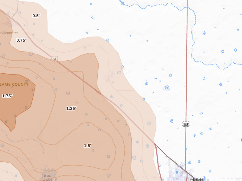 Radar-estimated hail-size map of the storm over Amherst, TX on Jun 23, 2026