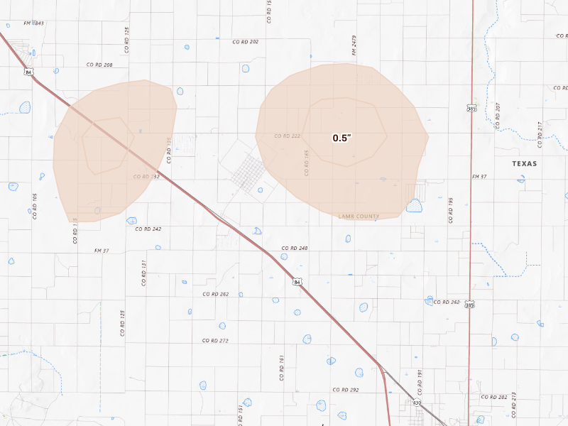Radar-estimated hail-size map of the storm over Amherst, TX