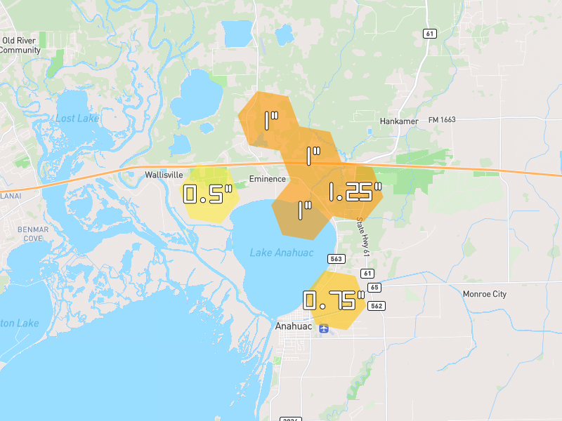 Hail map of Anahuac, TX on Jul 22, 2026, hail up to 1.25"