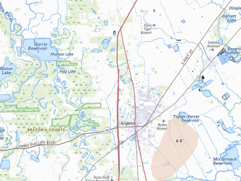 Radar-estimated hail-size map of the storm over Angleton, TX on Jul 22, 2026