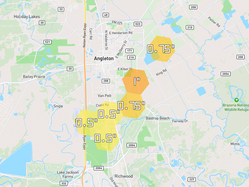 Hail map of Angleton, TX on Jul 23, 2026, hail up to 1"