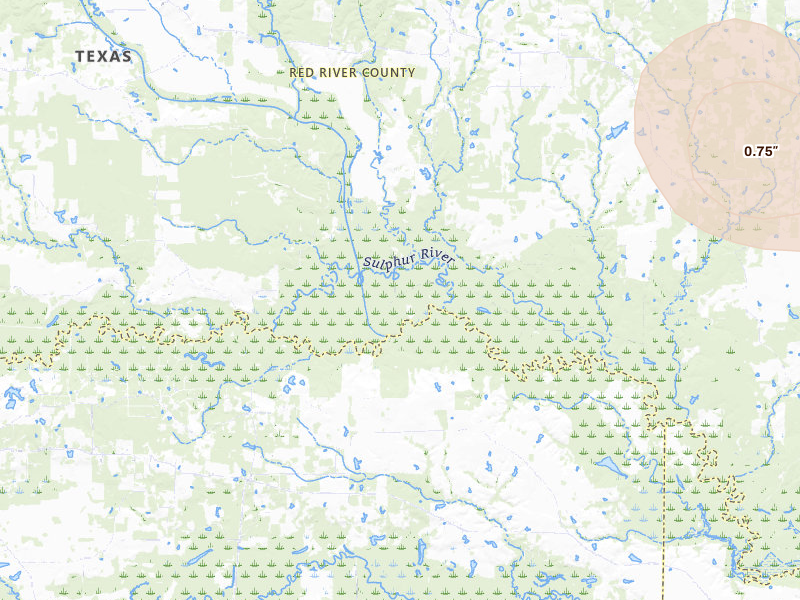 Radar-estimated hail-size map of the storm over Annona, TX on May 9, 2026