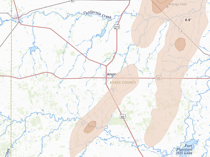Radar-estimated hail-size map of the storm over Anson, TX on Mar 10, 2026