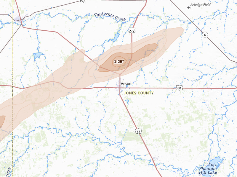 Radar-estimated hail-size map of the storm over Anson, TX on Apr 13, 2026