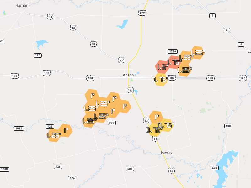 Hail map of Anson, TX on Jun 6, 2026, hail up to 1.75"