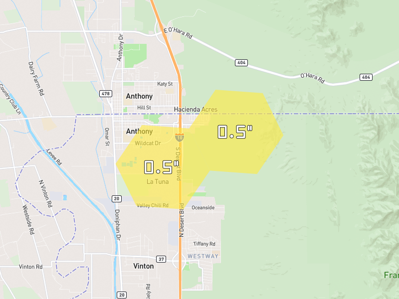 Hail map of Anthony, TX on Jun 4, 2026, hail up to 0.5"