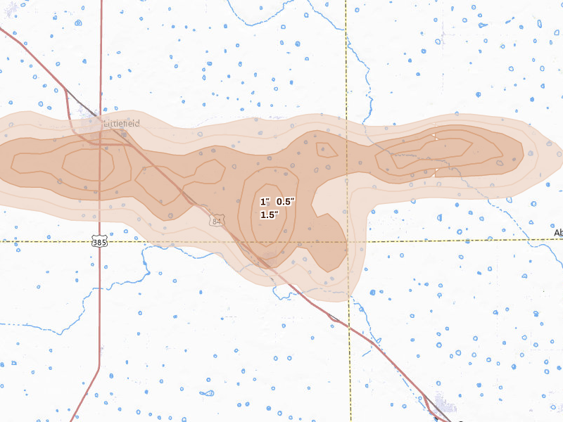 Radar-estimated hail-size map of the storm over Anton, TX on Jun 24, 2026