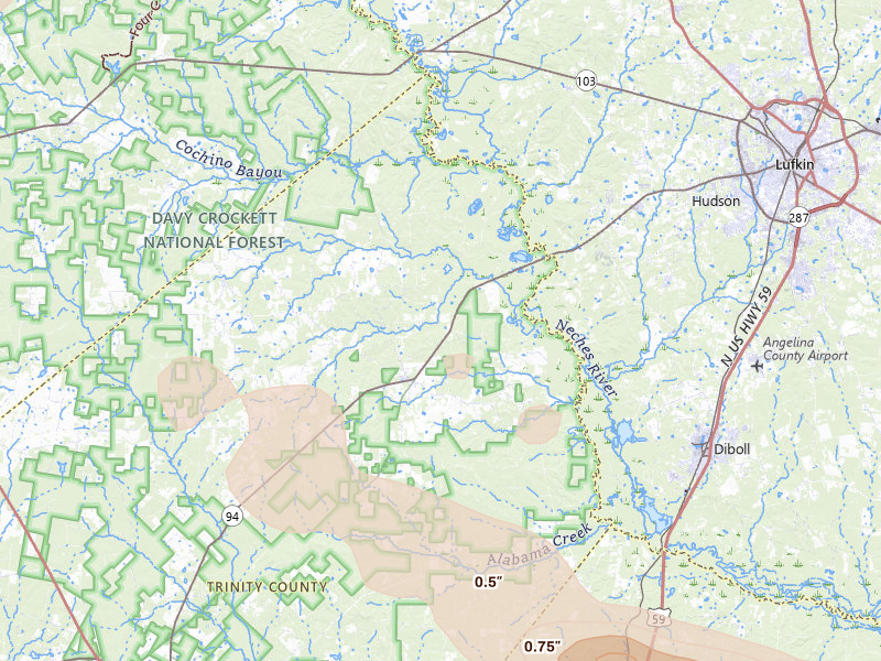 Radar-estimated hail-size map of the storm over Apple Springs, TX on Mar 15, 2026