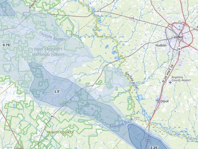 NEXRAD radar-signature map of the hail over Apple Springs, TX