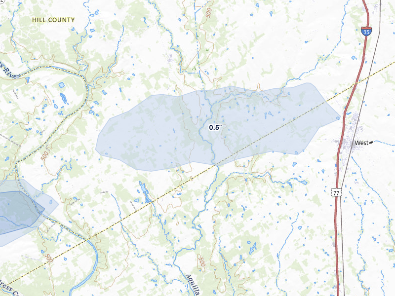 NEXRAD radar-signature map of the hail over Aquilla, TX
