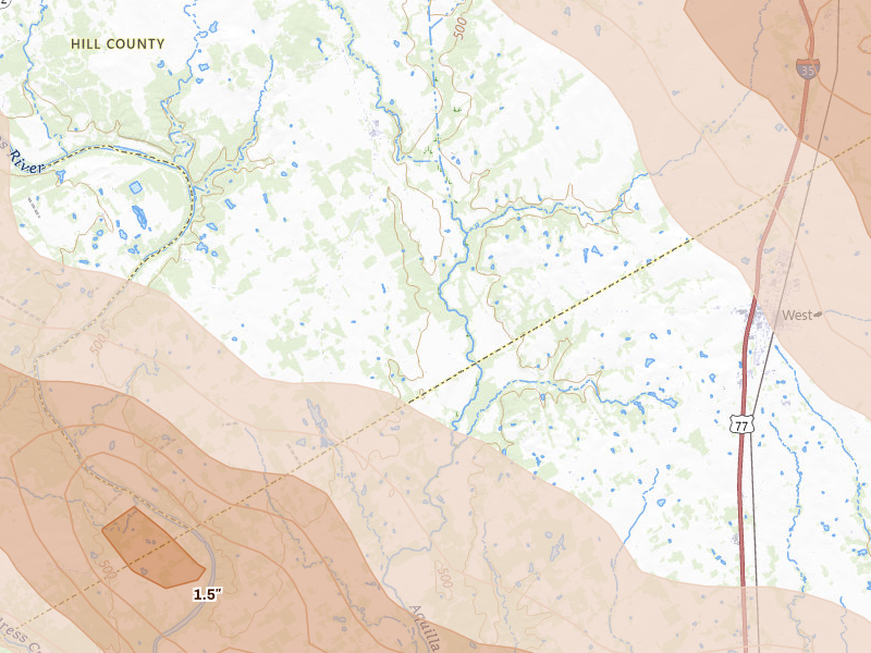 Radar-estimated hail-size map of the storm over Aquilla, TX on Apr 28, 2026