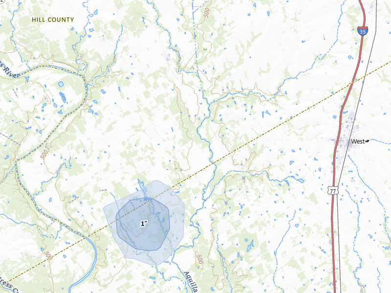 NEXRAD radar-signature map of the hail over Aquilla, TX