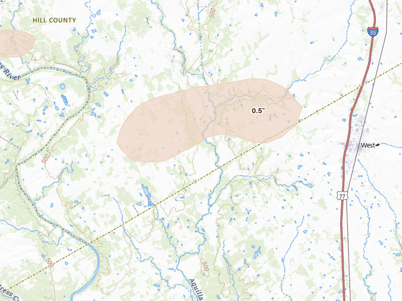 Radar-estimated hail-size map of the storm over Aquilla, TX on Jun 2, 2026
