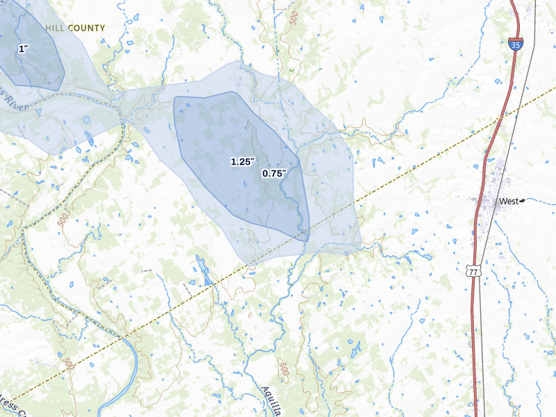 NEXRAD radar-signature map of the hail over Aquilla, TX