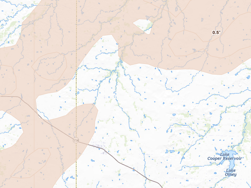 Radar-estimated hail-size map of the storm over Archer City, TX on Apr 15, 2026