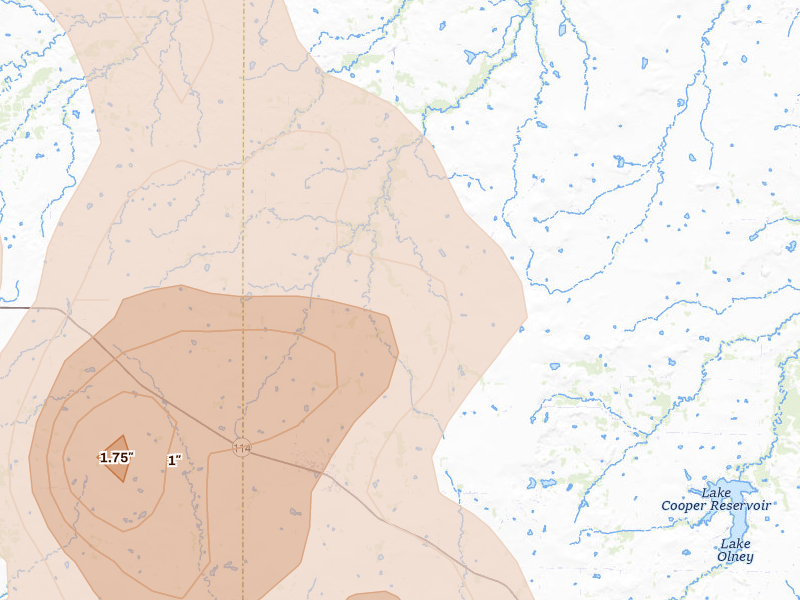 Radar-estimated hail-size map of the storm over Archer City, TX on May 8, 2026