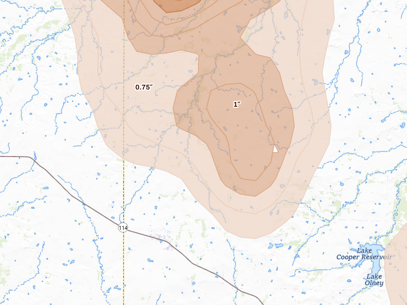 Radar-estimated hail-size map of the storm over Archer City, TX on Jul 5, 2026