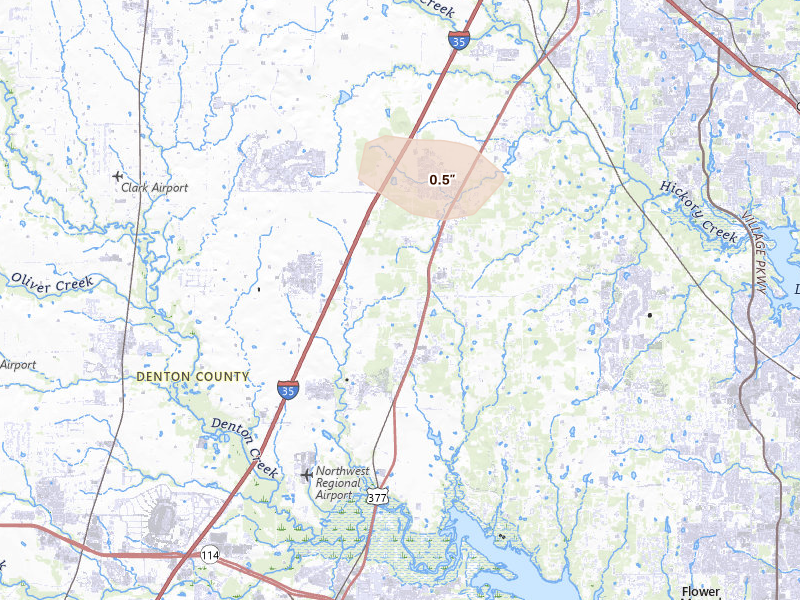 Radar-estimated hail-size map of the storm over Argyle, TX on May 25, 2026
