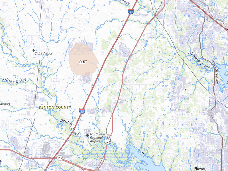 Radar-estimated hail-size map of the storm over Argyle, TX on Jul 6, 2026