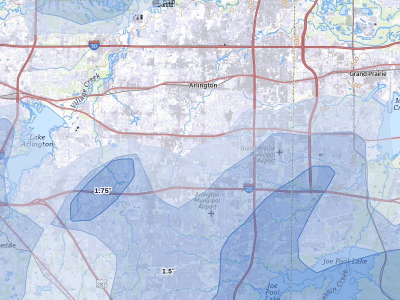 NEXRAD radar-signature map of the hail storm over Arlington, TX on Mar 4, 2026