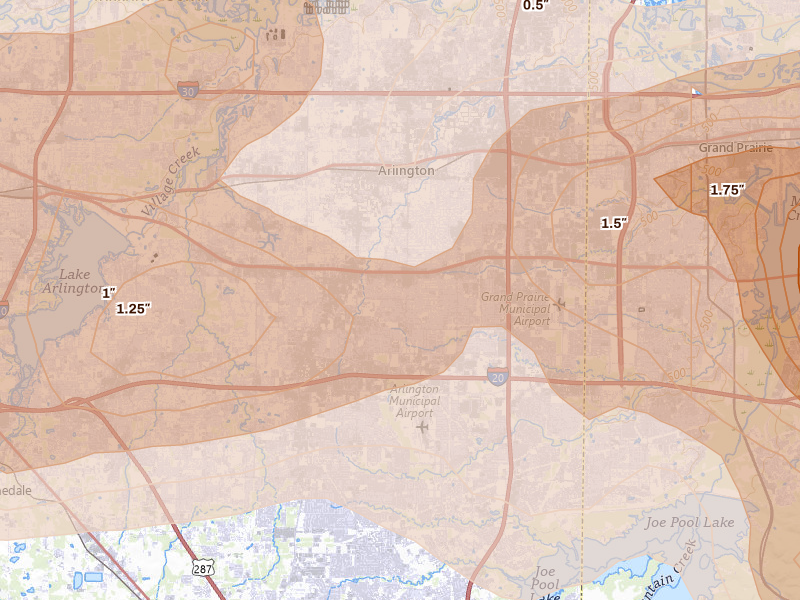 Radar-estimated hail-size map of the storm over Arlington, TX on Apr 25, 2026