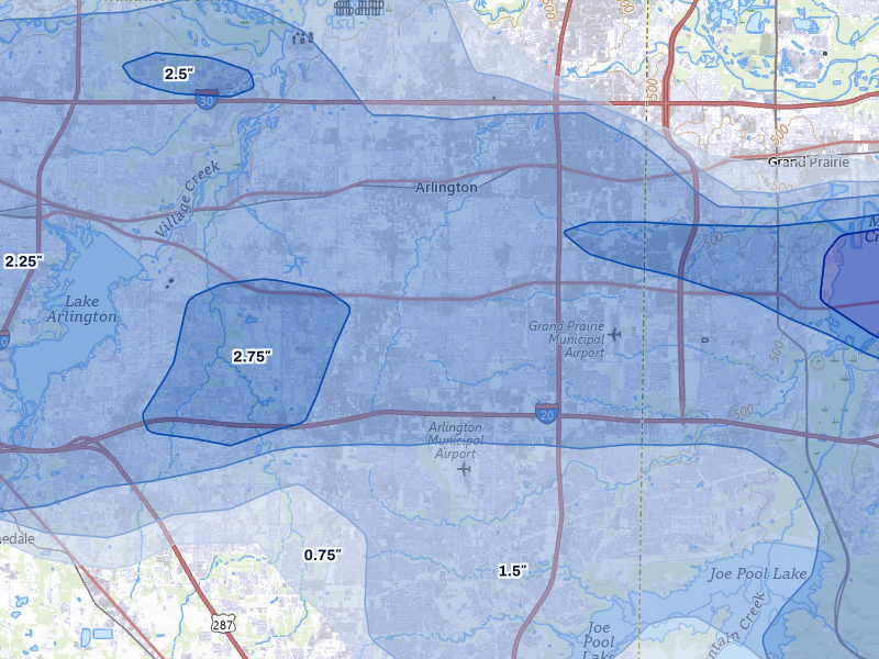 NEXRAD radar-signature map of the hail over Arlington, TX