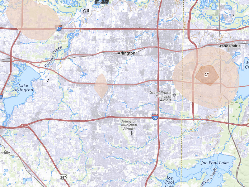 Radar-estimated hail-size map of the storm over Arlington, TX on May 25, 2026